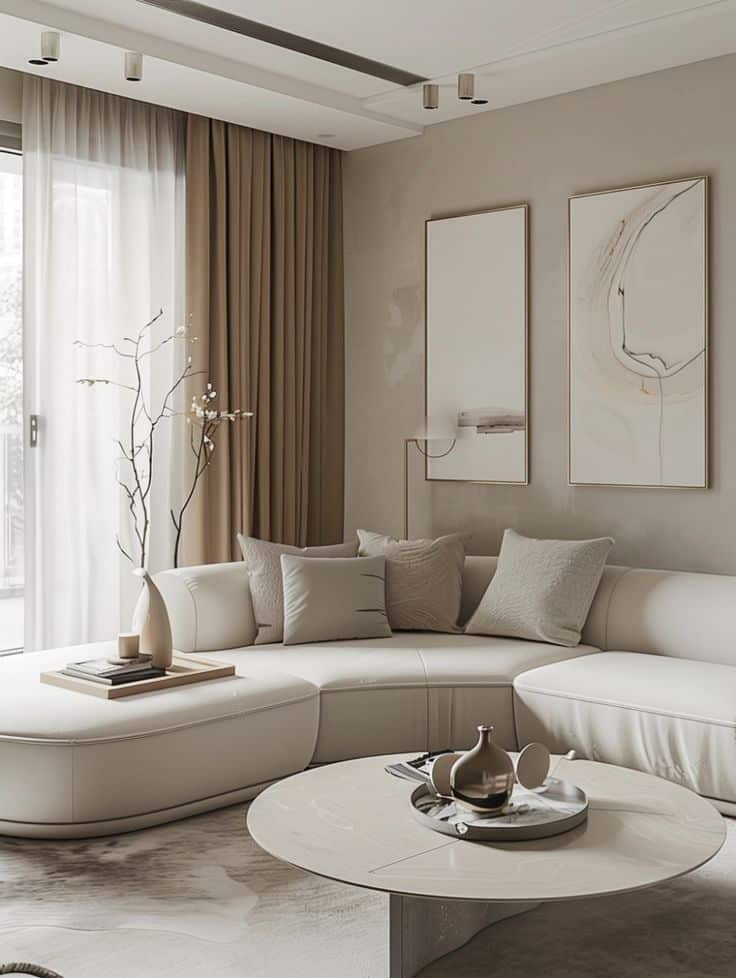 Modern living room with white sectional sofa, minimalist decor, and abstract art. Peaceful and elegant interior design.