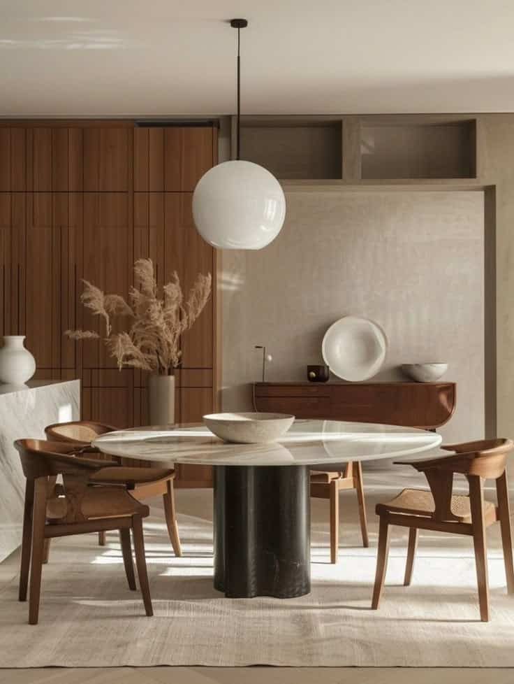 Modern dining room with round table, wooden chairs, decorative vases, and pendant light. Warm, minimalist design.