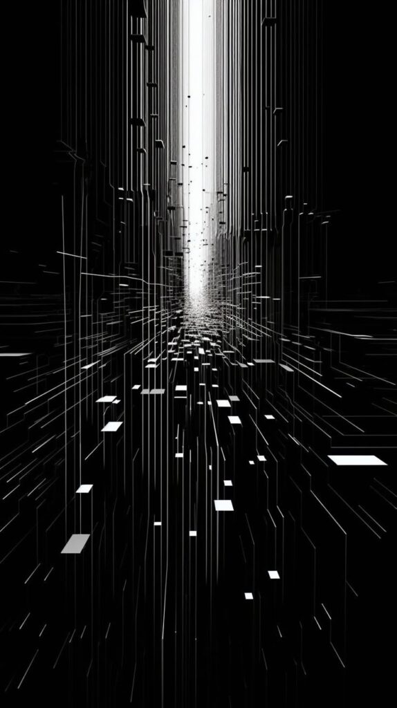 Abstract digital background with vertical lines and floating cubes, creating a futuristic, high-tech tunnel effect.