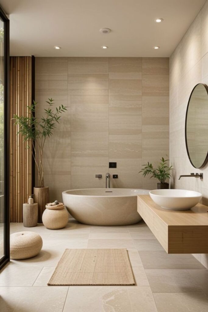 Modern minimalist bathroom with round bathtub, wooden accents, plants, and soft lighting. Peaceful spa-like ambiance.