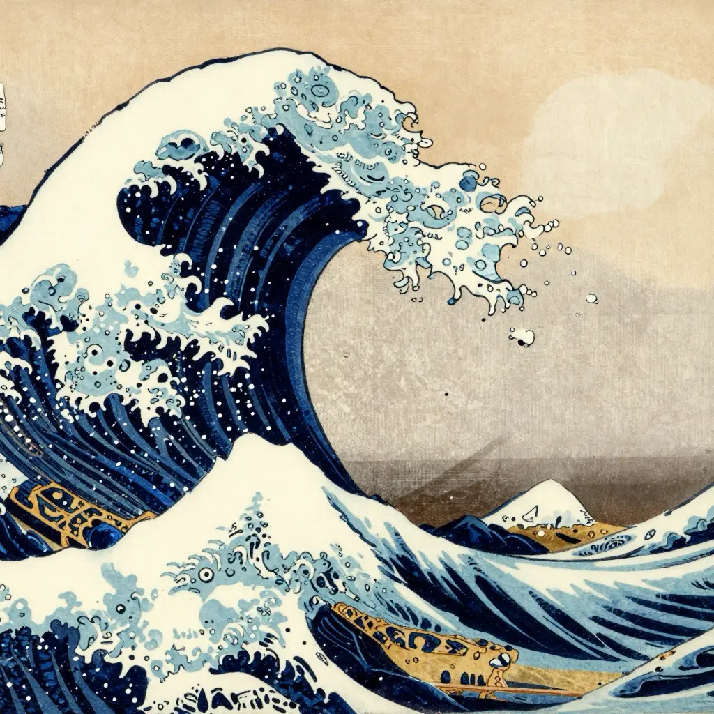 Hokusai's Great Wave off Kanagawa — blue Japanese woodblock print showing a towering wave, oarsmen in boats, and distant Mount Fuji
