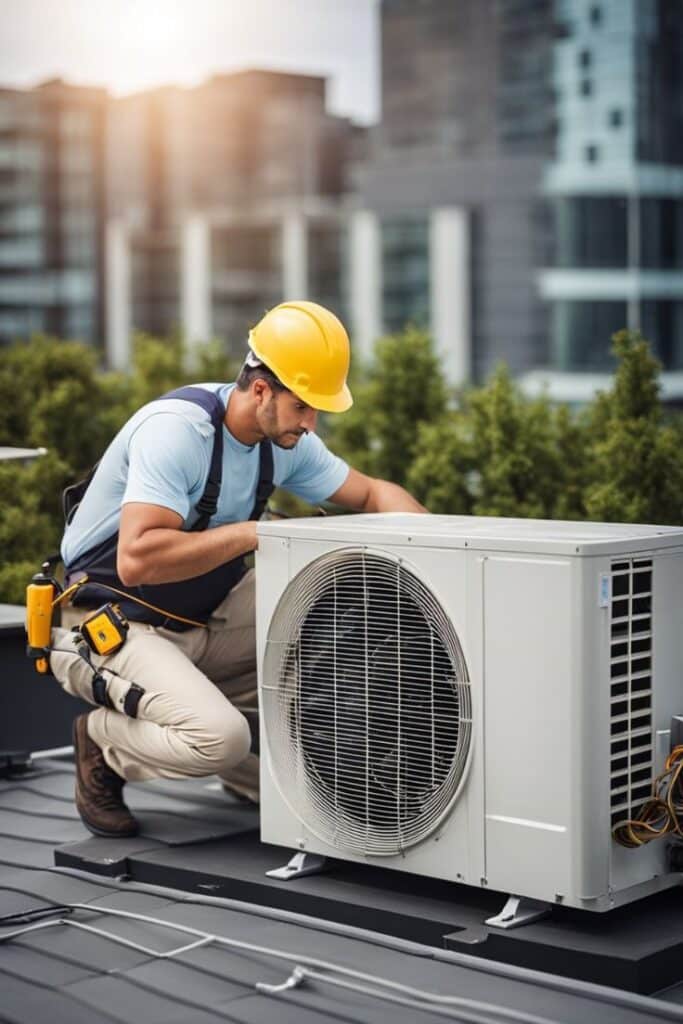 Keep your cool hassle-free Our aircon Technician in hard hat servicing rooftop HVAC unit, city buildings in background. | Sky Rye Design Technician in hard hat servicing rooftop HVAC unit, city buildings in background.