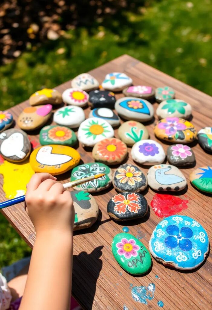 Child painting colorful designs on stones outdoors. Brightly painted rocks with flowers and animals on a wooden table.