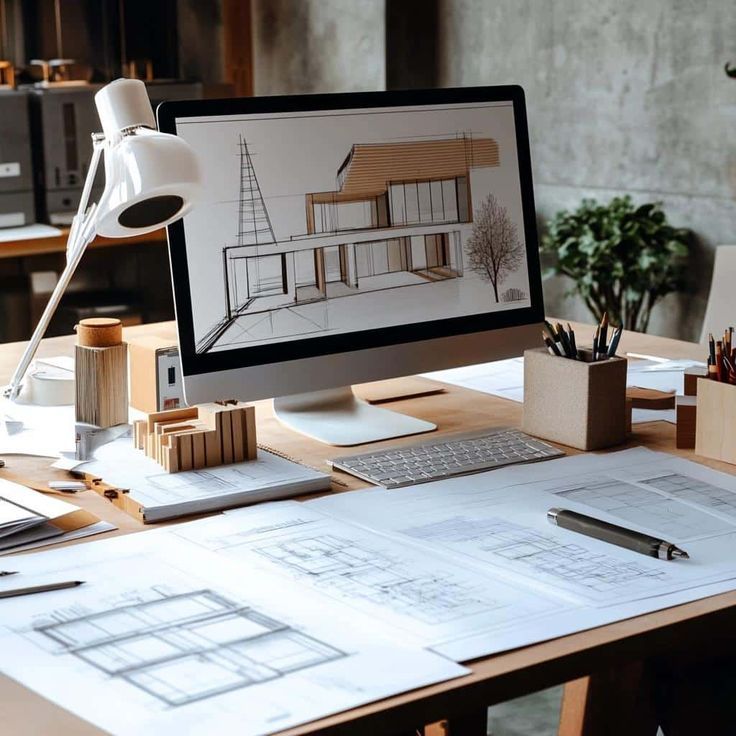 Architect's workspace with computer displaying house design, surrounded by blueprints and model supplies on a wooden desk.