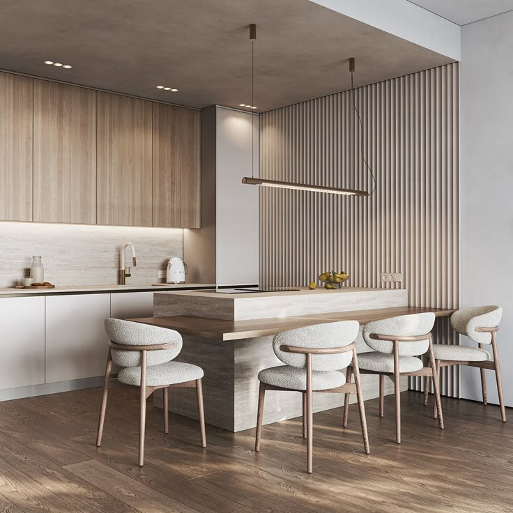 Kitchen-living room _Сlear breeze_ - Svetlana Kargapolova Modern minimalist kitchen with wooden cabinets, island, and stylish chairs in neutral tones. | Sky Rye Design Modern minimalist kitchen with wooden cabinets, island, and stylish chairs in neutral tones.