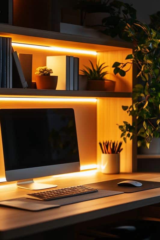Modern desk setup with computer, warm LED backlighting, books, and indoor plants for a cozy home office ambiance.