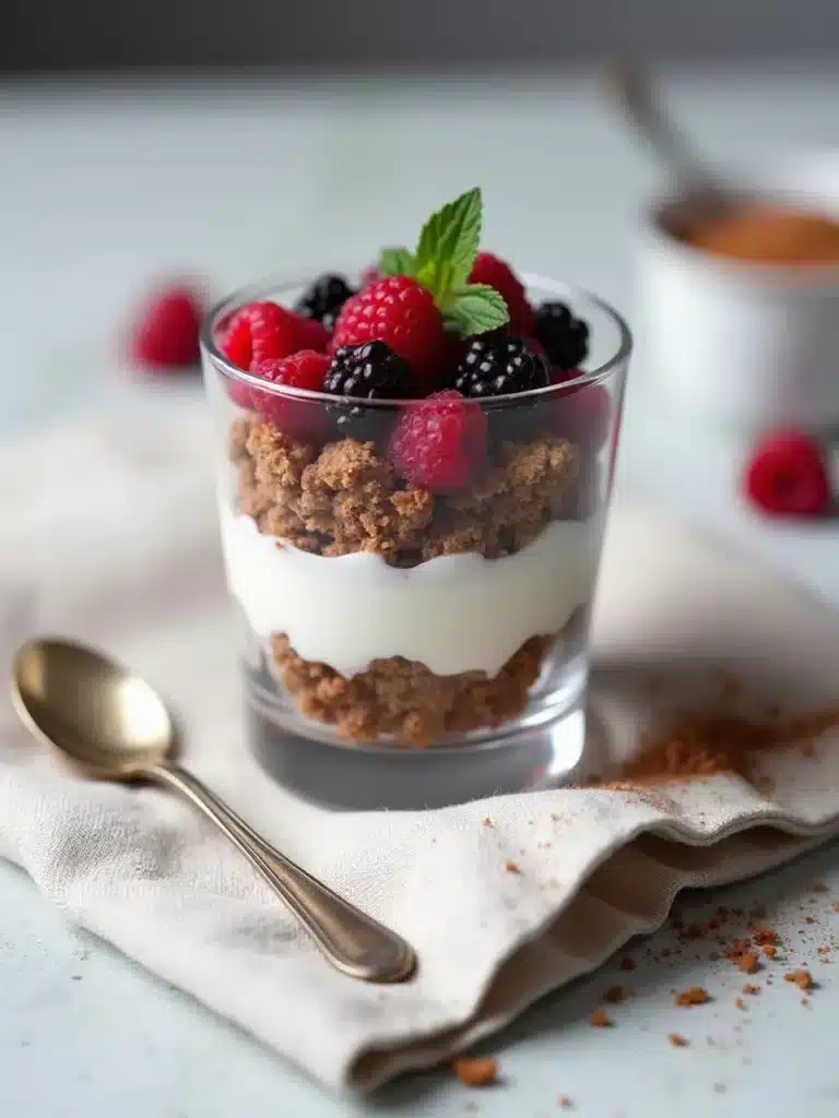 Glass parfait with creamy yogurt, granola, fresh raspberries, and blackberries garnished with mint on a cloth napkin.