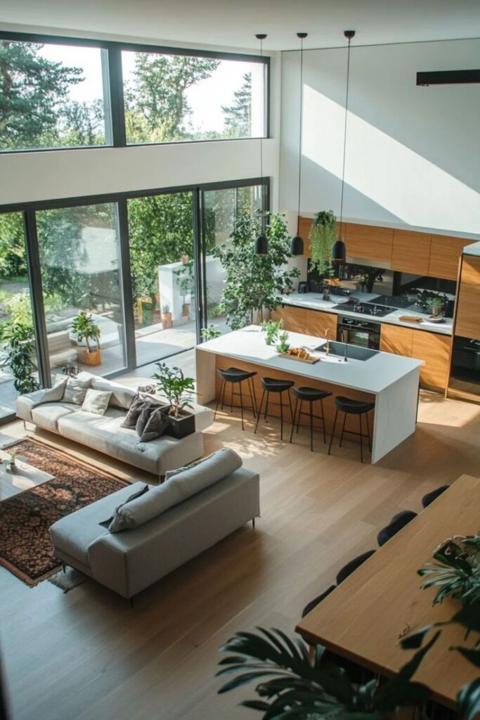 Modern open-concept living room and kitchen with large windows, sleek furniture, and natural light.