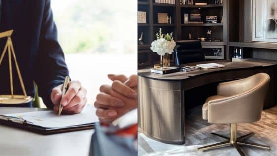Legal Tips for Transforming Shared Spaces in Jointly Owned Homes Lawyer writing documents in office, with modern desk and leather chair in the background. | Sky Rye Design Lawyer writing documents in office, with modern desk and leather chair in the background.