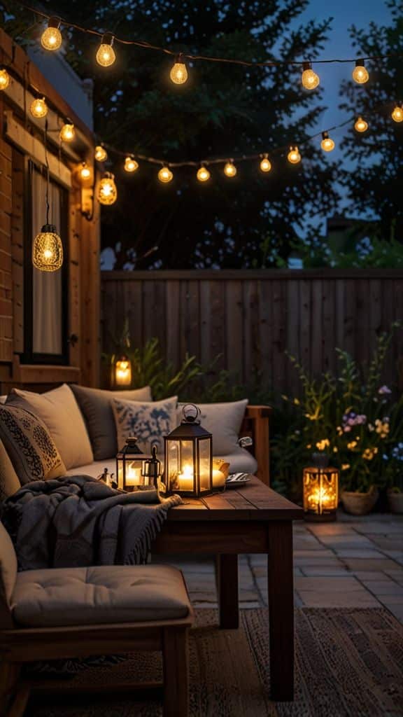 Cozy patio with string lights, candles, and plush seating for a warm, inviting evening ambiance.