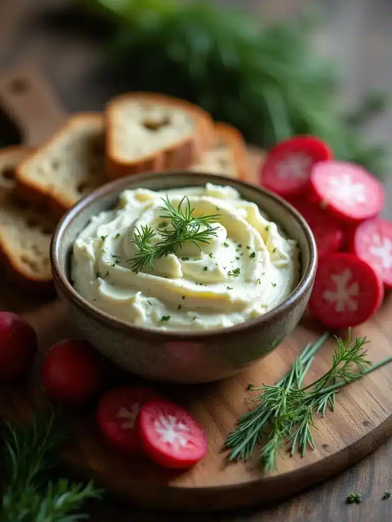 Bowl of creamy butter topped with fresh dill, radish slices, and bread on a wooden board, perfect for a gourmet spread.