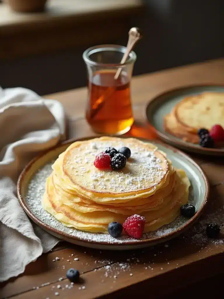 Stack of pancakes with berries and powdered sugar, served with maple syrup on a wooden table.