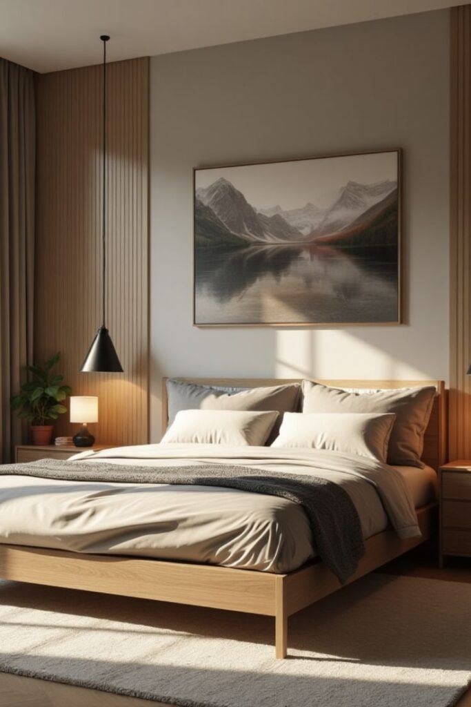 Modern bedroom with wooden bed, neutral bedding, landscape art, and natural lighting. Cozy and stylish decor.