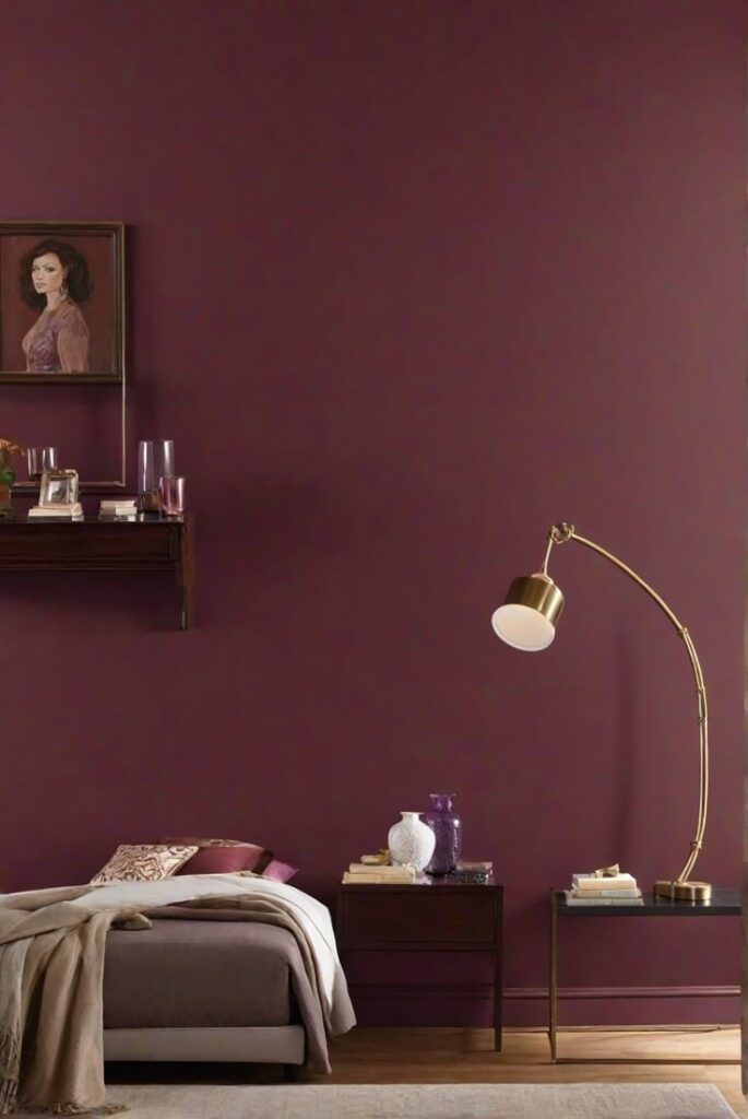 Elegant bedroom with deep purple walls, stylish decor, and gold floor lamp for a cozy, modern atmosphere.