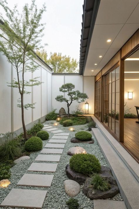 Looking for 12 Minimalist Garden Design Ideas For Modern Japanese garden with stepping stones, greenery, and minimalist design beside a wooden house exterior. | Sky Rye Design Modern Japanese garden with stepping stones, greenery, and minimalist design beside a wooden house exterior.