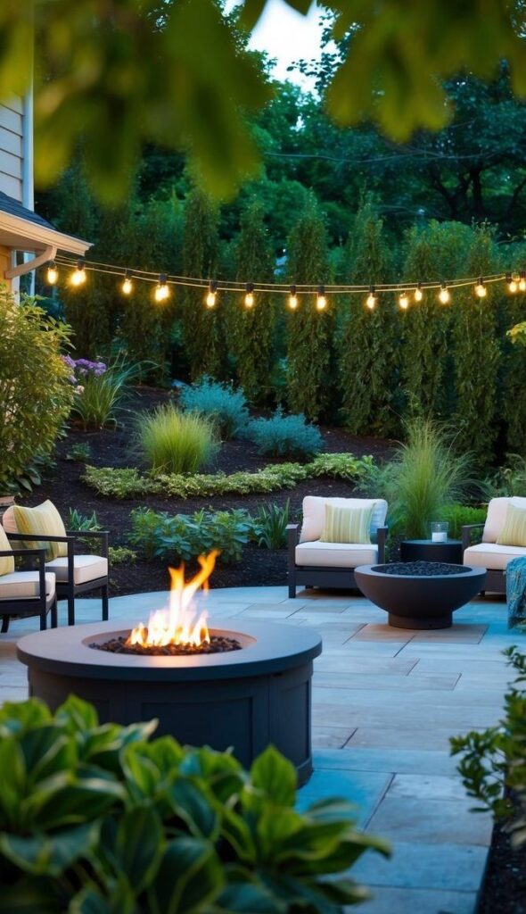Cozy outdoor patio with fire pit, string lights, and comfortable seating surrounded by lush greenery.