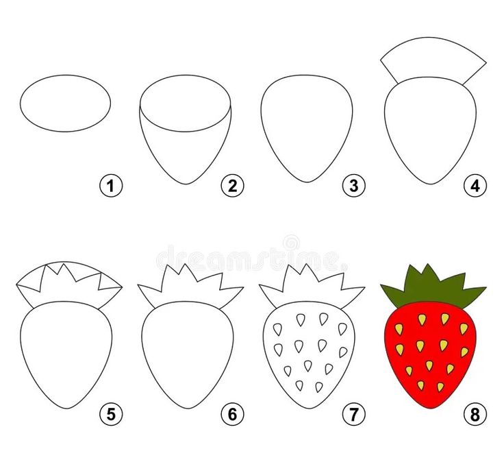 Step-by-step strawberry drawing guide, from basic shapes to a colored fruit illustration.