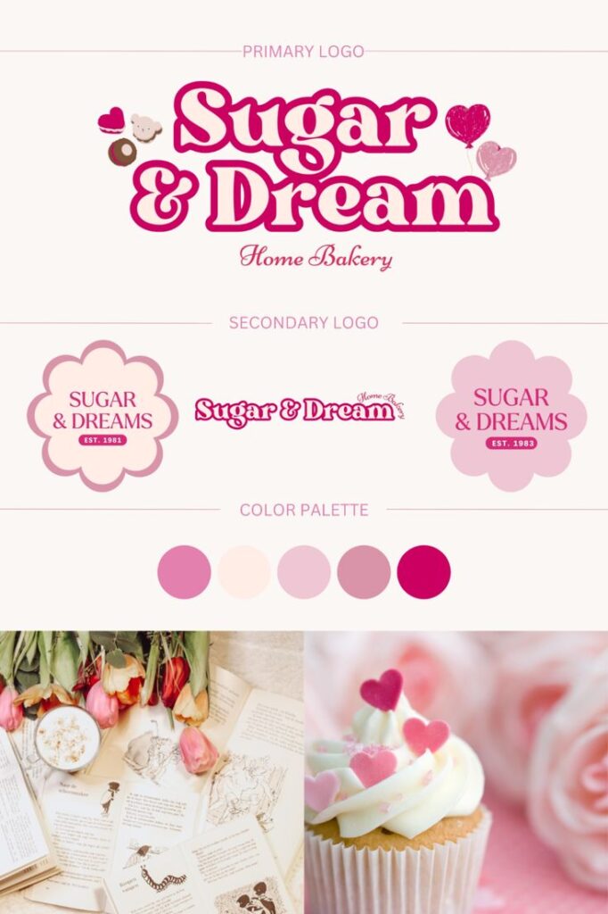 Sugar & Dream Bakery branding with logos, pink color palette, floral arrangement, and cupcake with heart sprinkles.