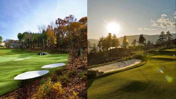Luxury Landscaping Trends in 2025 Scenic golf courses with lush greens, sand bunkers, and sunlit landscapes surrounded by trees and mountains. | Sky Rye Design Scenic golf courses with lush greens, sand bunkers, and sunlit landscapes surrounded by trees and mountains.