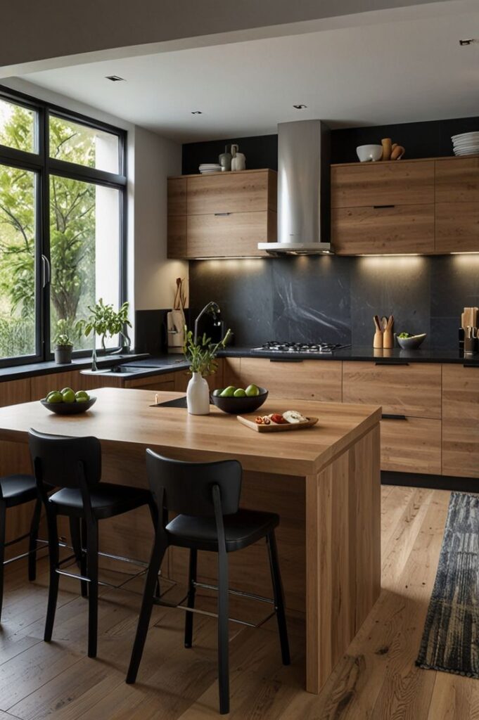 Modern kitchen with wooden cabinets, island, and bar stools. Natural light through large window. Contemporary design.