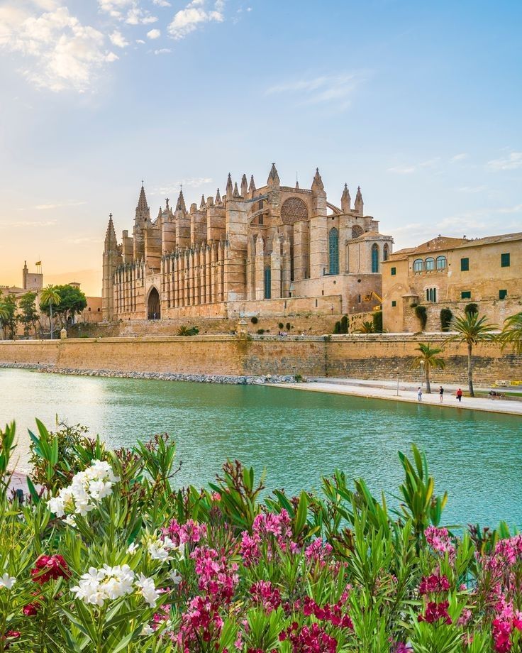 Cathedral by a tranquil body of water, surrounded by vibrant flowers and palm trees under a blue sky.