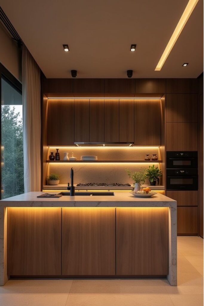 Modern kitchen with wooden cabinets, marble island, and ambient LED lighting, featuring plants and sleek appliances.