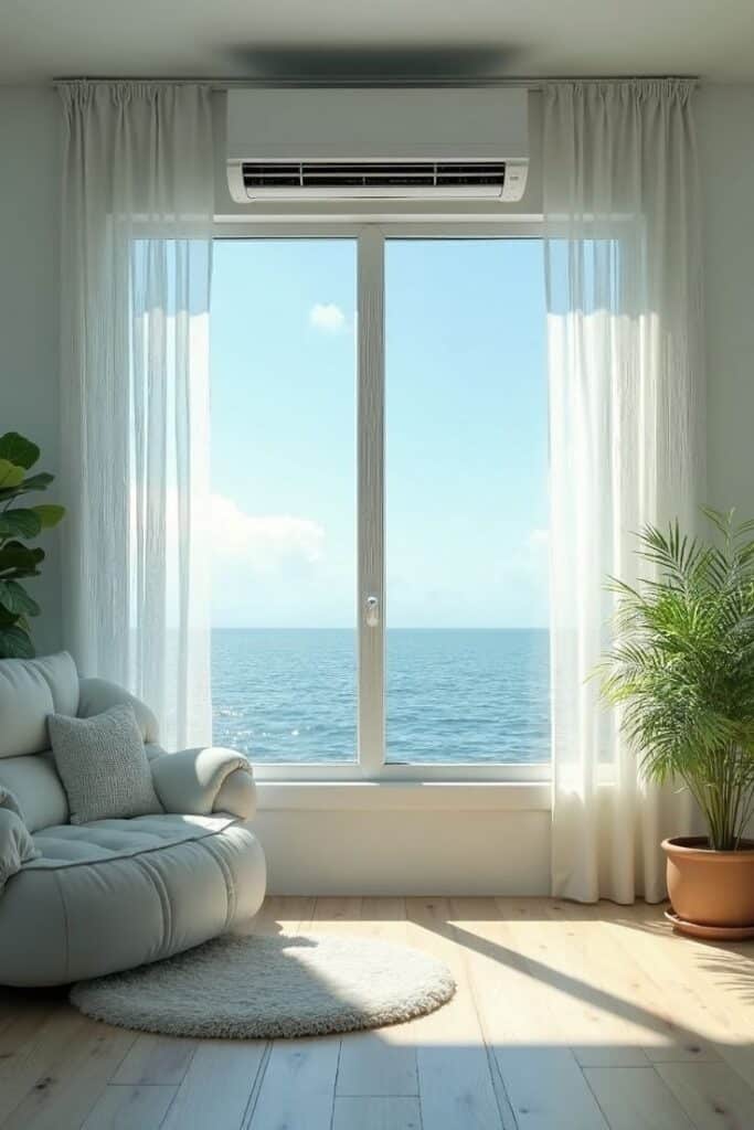 Cozy room with ocean view, large window, white curtains, comfy chair, and plants enhancing natural light ambiance.