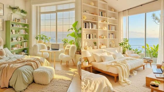 Mastering the Art of Professional Room Aesthetics Bright, cozy bedroom with large windows, sea views, and indoor plants for a serene, natural atmosphere. | Sky Rye Design Bright, cozy bedroom with large windows, sea views, and indoor plants for a serene, natural atmosphere.