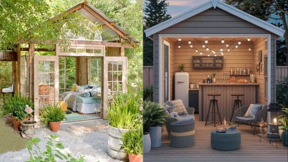Maximizing Space Multi-Functional Shed Solutions Two charming garden sheds: a cozy daytime retreat with plants, and a stylish nighttime bar with string lights. | Sky Rye Design Two charming garden sheds: a cozy daytime retreat with plants, and a stylish nighttime bar with string lights.