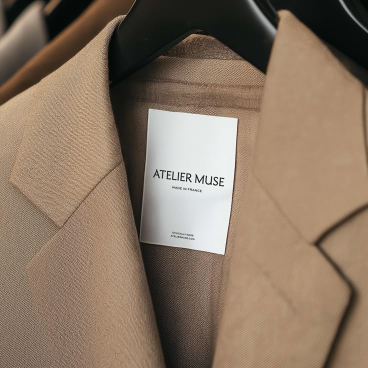 Tan blazer with an Atelier Muse label, made in France. Ethically crafted fashion on a hanger.