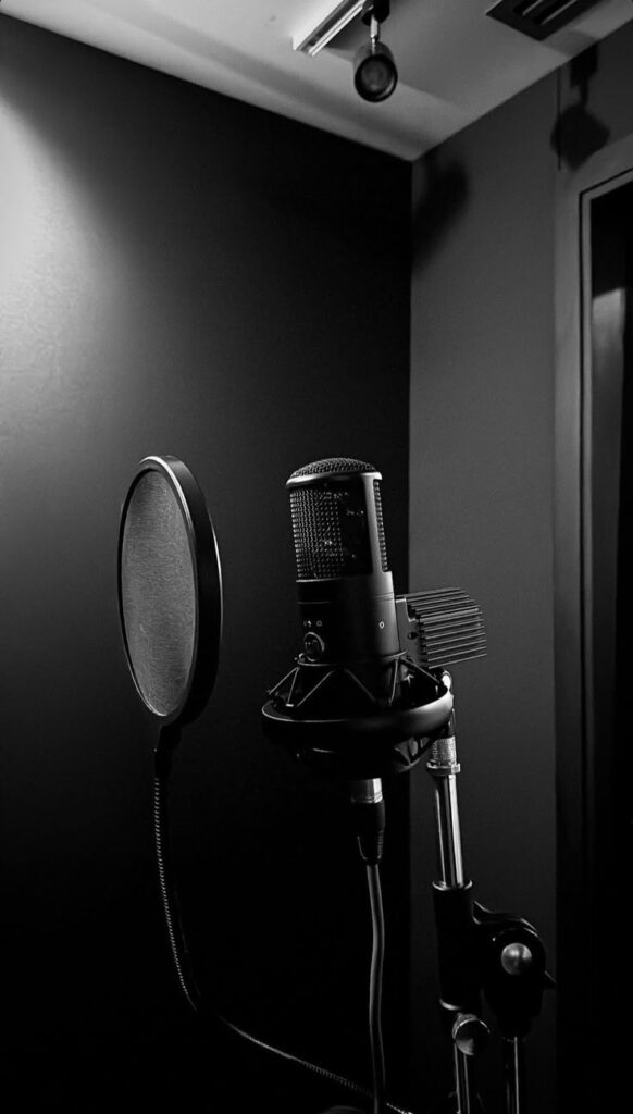 Studio microphone with pop filter in a dimly lit recording booth, perfect for podcasting or music production.