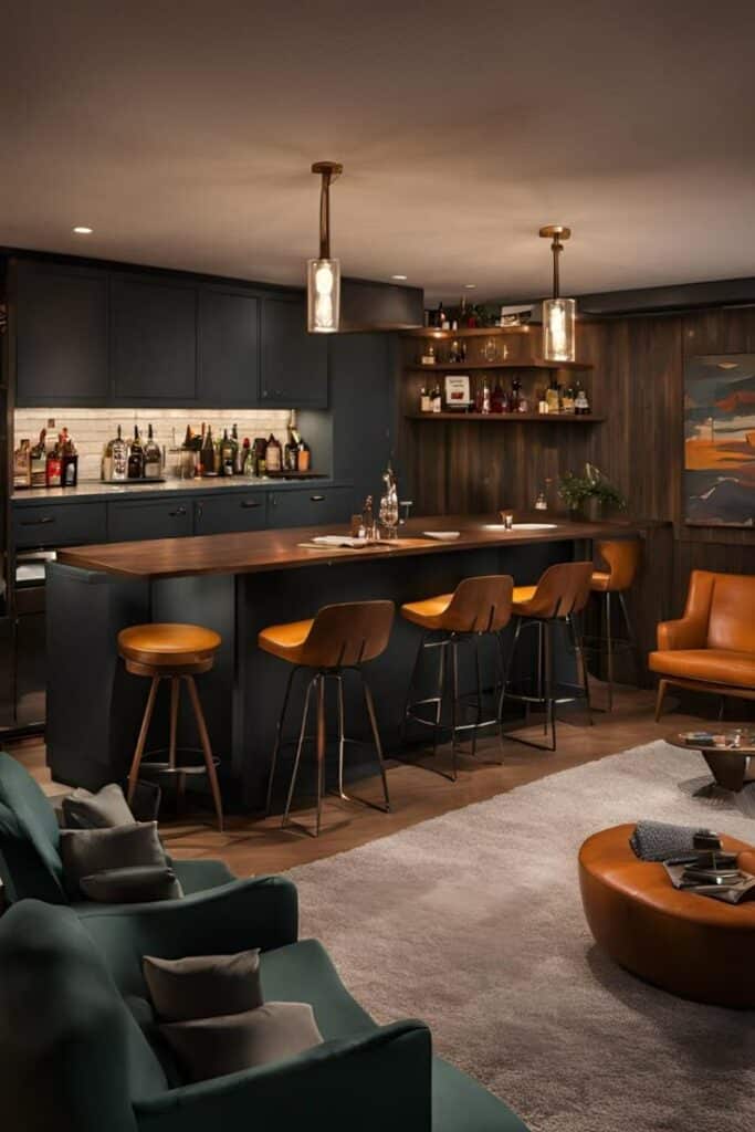 Modern home bar interior with leather stools, wooden cabinetry, and bottles on display. Cozy and stylish ambiance.
