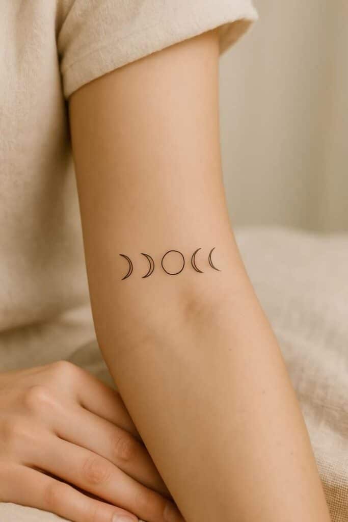 Minimalist moon phases tattoo on forearm, representing lunar cycle and celestial design.