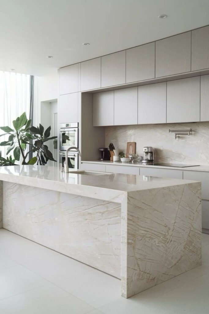 Modern kitchen with marble island, sleek cabinetry, and a potted plant for a stylish, minimalist design.