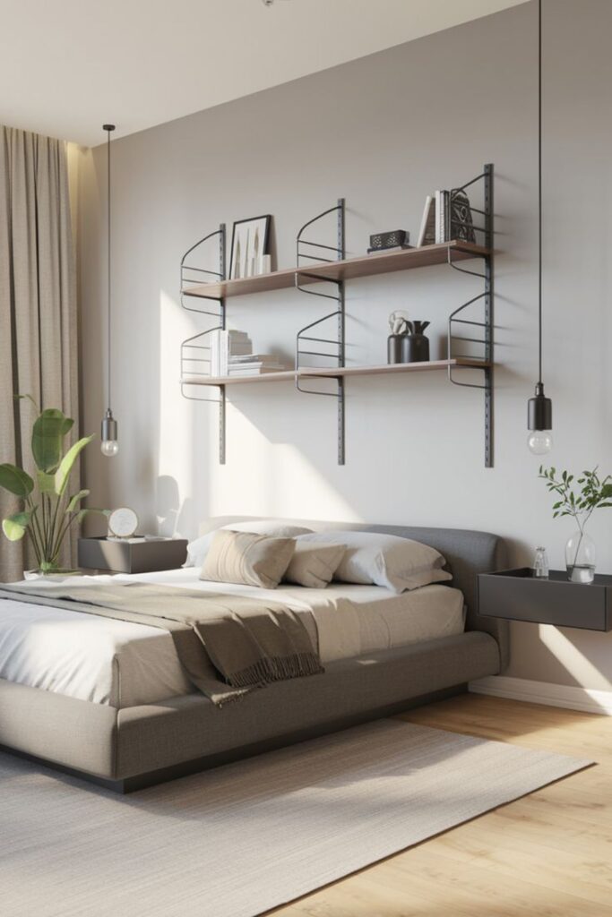 Modern bedroom with a stylish grey bed, wall shelves, and elegant decor in natural light.