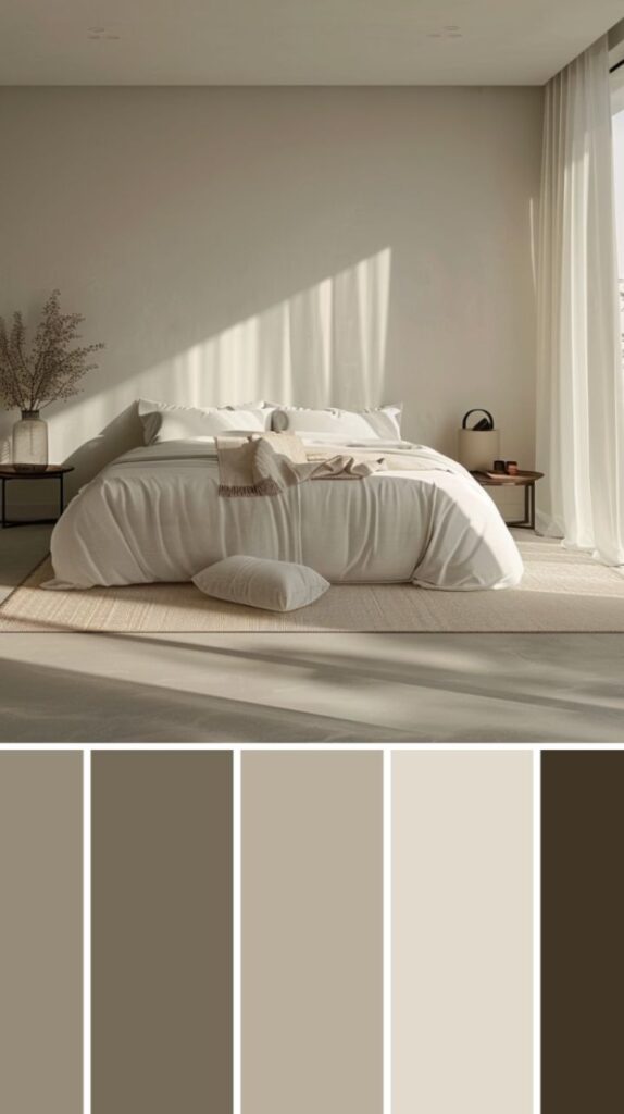 Minimalist bedroom with natural tones, beige and taupe color palette, featuring a cozy bed and soft lighting.