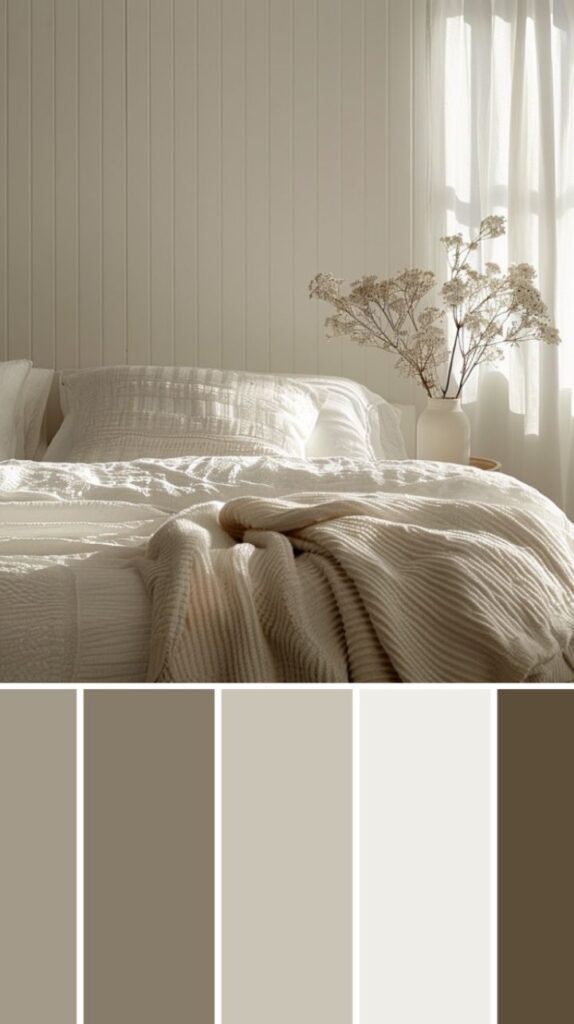 Cozy, minimalist bedroom with neutral bedding and dried flowers. Soft lighting and color palette evoke serenity.