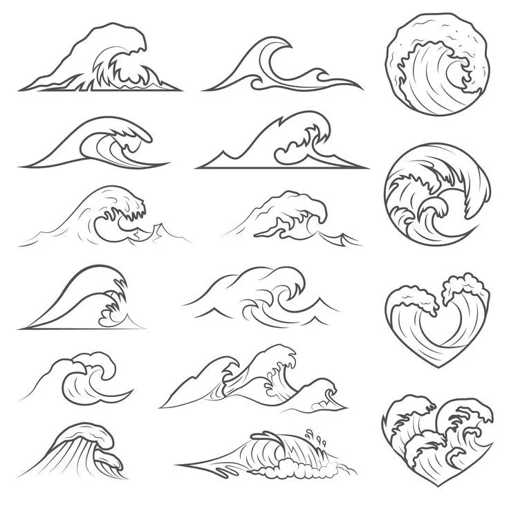 Ocean wave icons set: 18 minimalist hand-drawn line-art vector emblems and badges, circular and heart-shaped wave designs