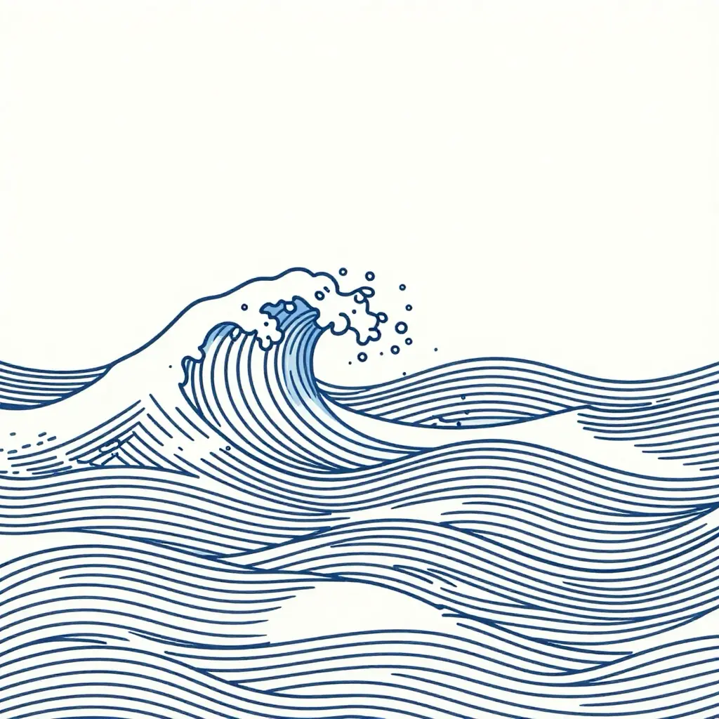 Blue line-art ocean waves illustration with flowing layered crests and splashes on white background — nautical sea pattern.