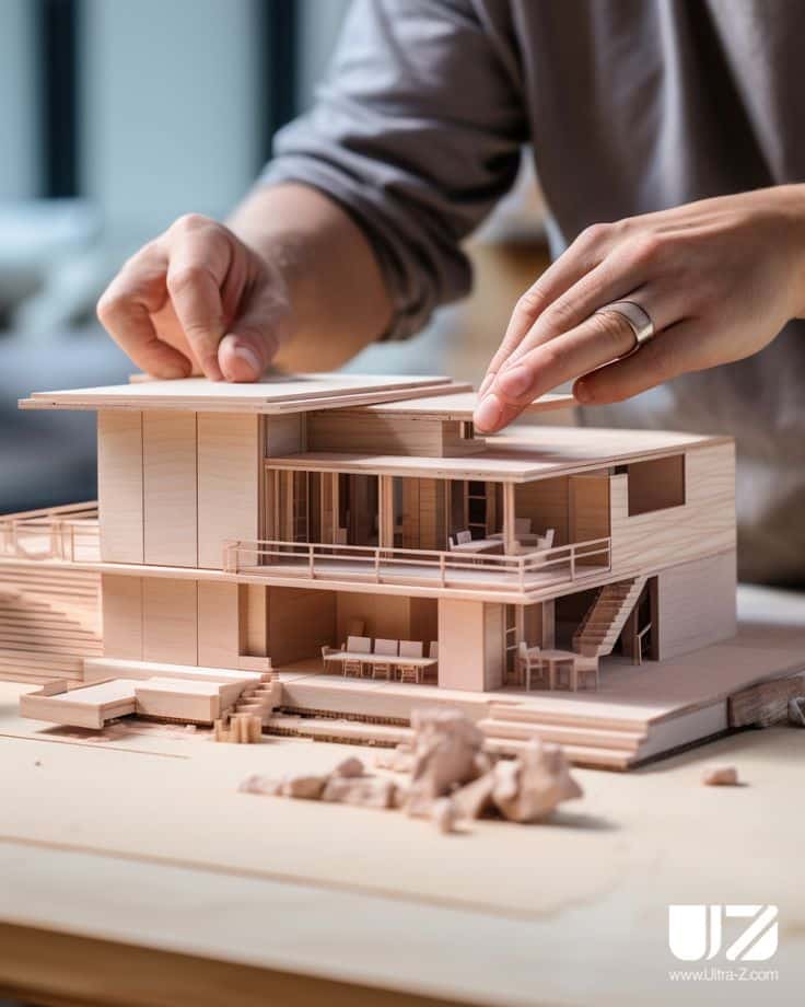 Person crafting detailed architectural model of modern house on a table.