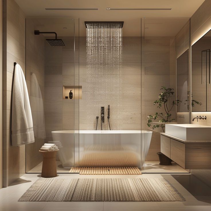 Modern bathroom with a freestanding tub, rainfall shower, and wooden accents, creating a serene and luxurious atmosphere.