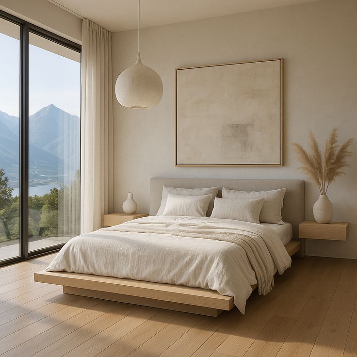 Minimalist bedroom with neutral decor, large window view of mountains, and wooden accents.