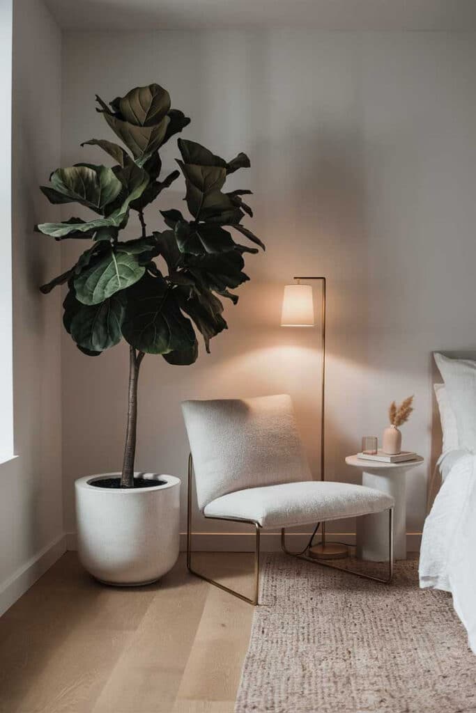 Cozy bedroom with white chair, potted plant, and modern lamp. Scandinavian interior design for relaxing atmosphere.