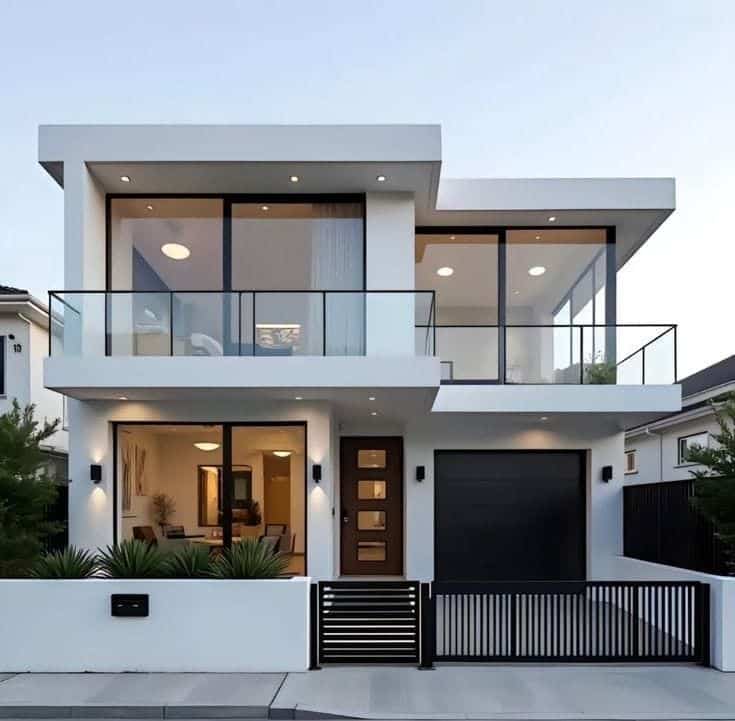 Modern Villa 1 Modern two-story house with large windows, minimalist design, and a sleek black gate in the front. | Sky Rye Design Modern two-story house with large windows, minimalist design, and a sleek black gate in the front.