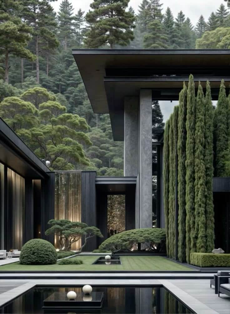 Modern architectural home with lush greenery and water features, surrounded by a dense forest.