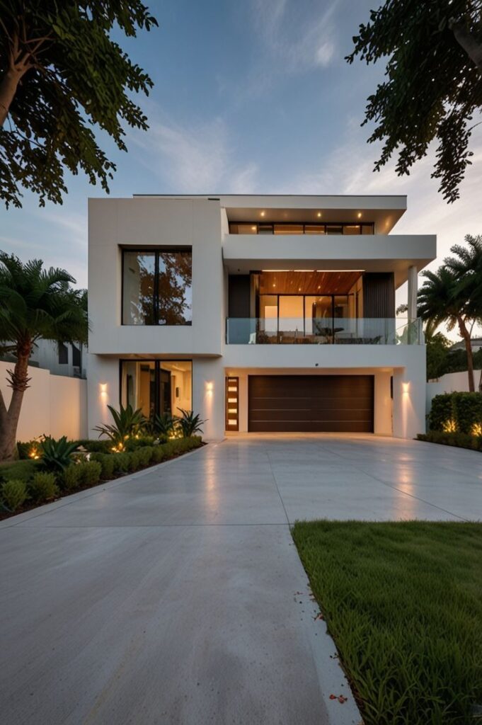 Modern luxury house with sleek architecture, large windows, and landscaped front yard at dusk.