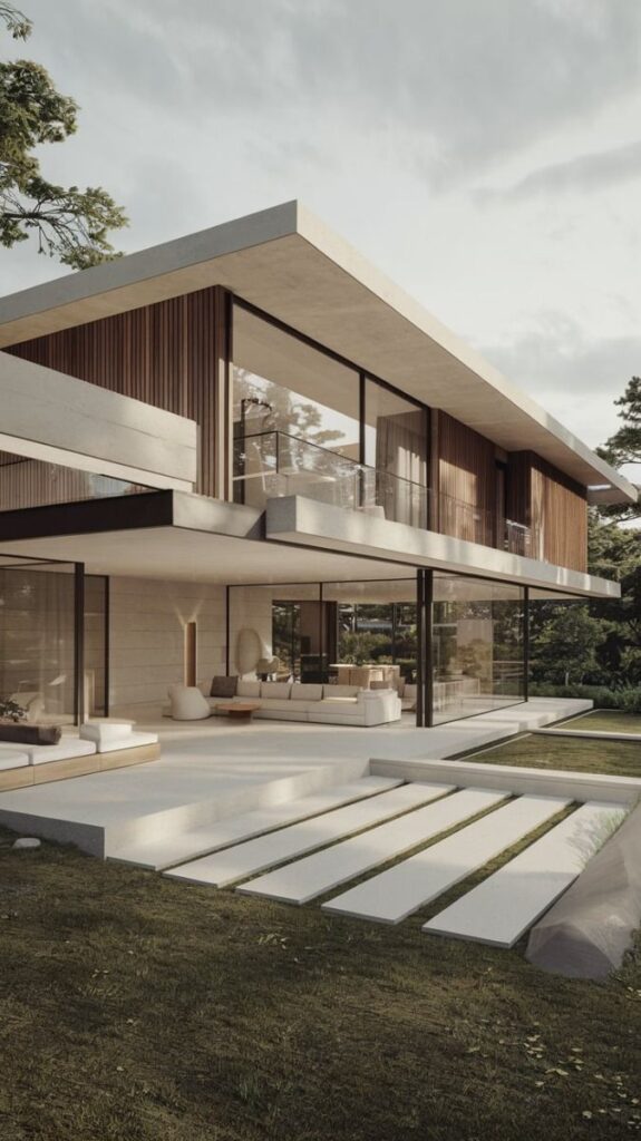 Modern two-story house with glass walls, spacious patio, and minimalist design, set in a lush garden.