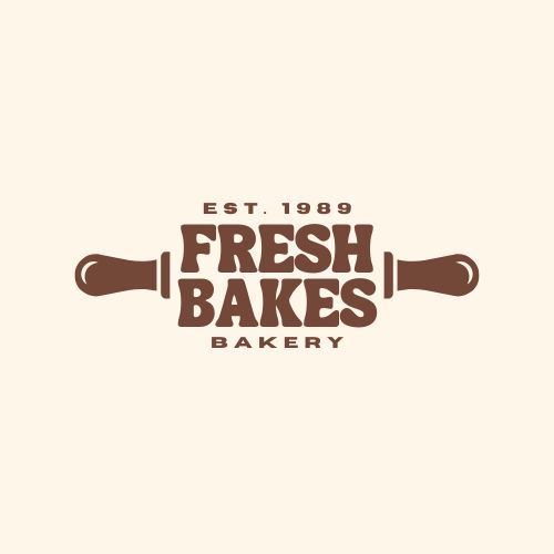 Fresh Bakes Bakery logo with rolling pin design, established 1989, in brown lettering on a cream background.