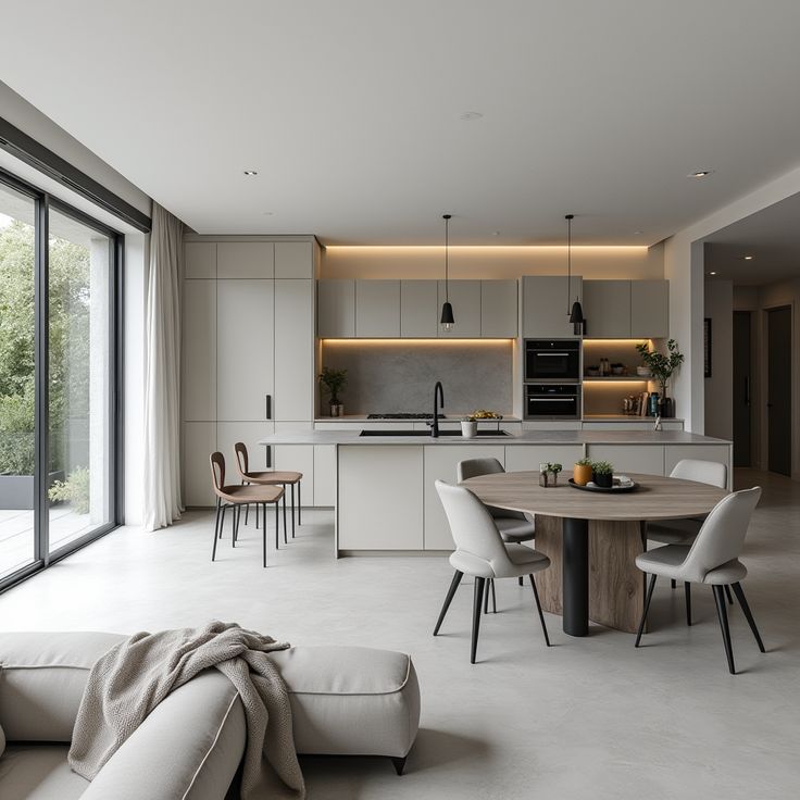 Modern open-plan kitchen with sleek cabinets, island, and dining area. Large windows provide natural light.
