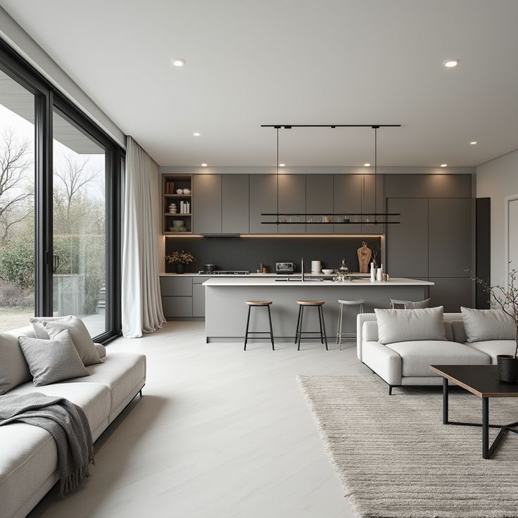 Modern open-plan kitchen and living area with sleek gray cabinets, island seating, and large windows.